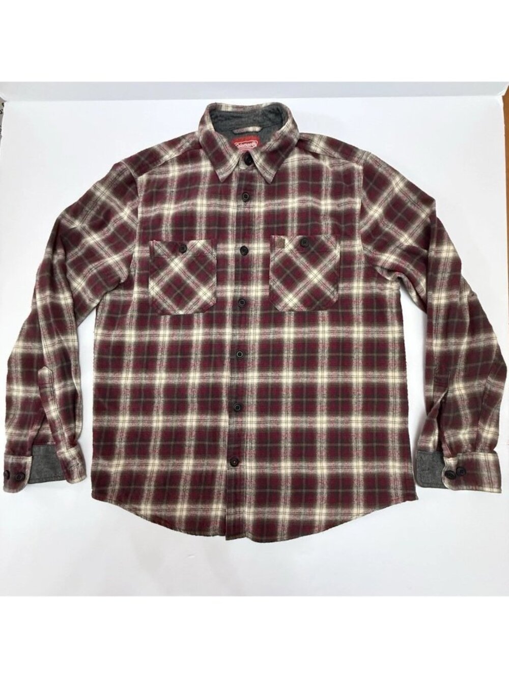 Coleman Plaid Flannel Shirt M  Men’s Medium Red Gray Button Up Camping